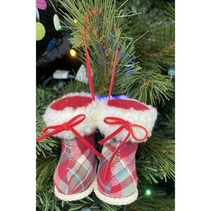 Vintage Red/Green Plaid Pair Santa's Boots Christmas Ornament, Unmarked